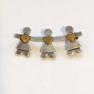 Vintage NALDO 925 Sterling Silver Brass Children Holding Hands Brooch Pin